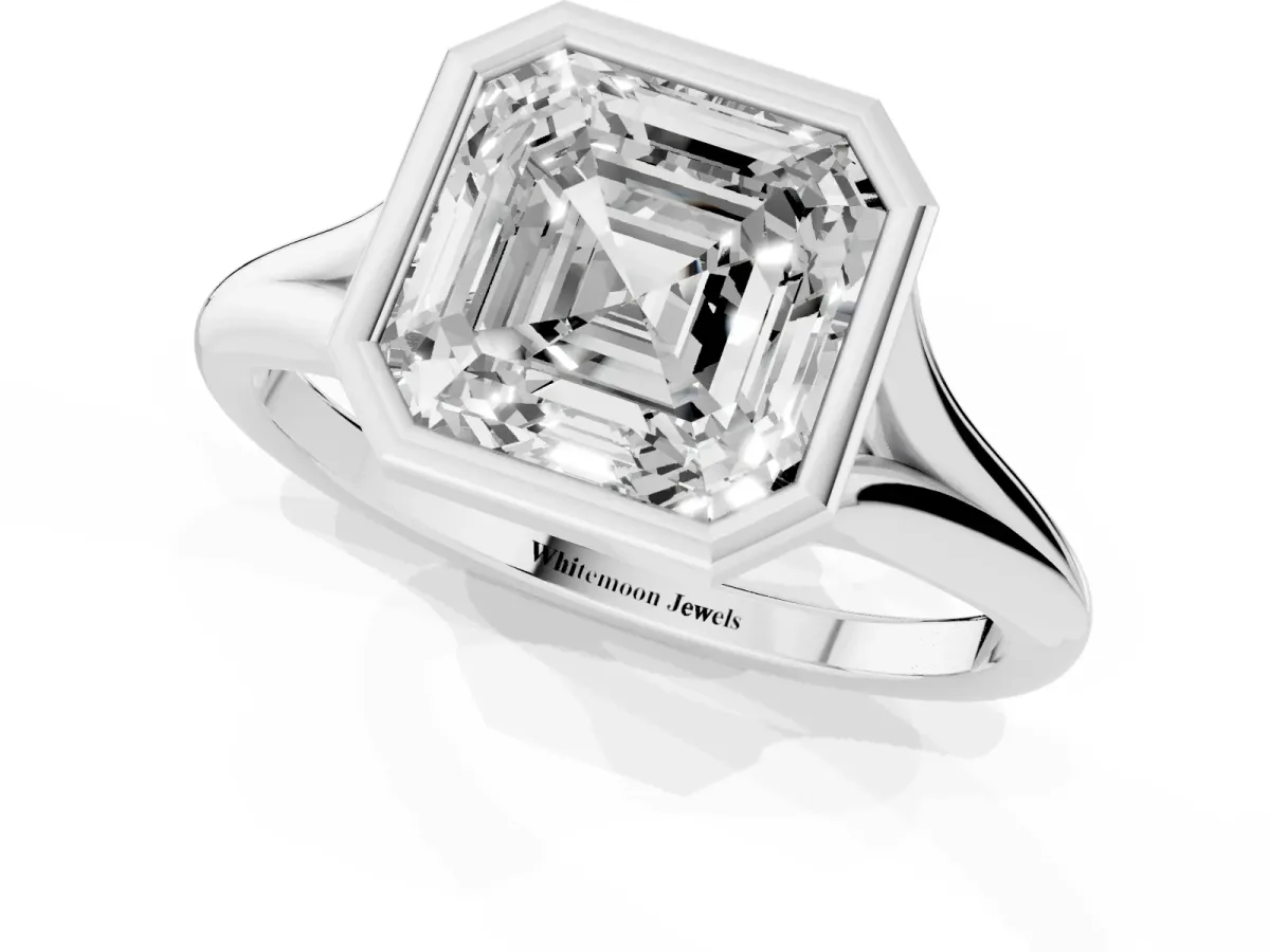 Bezel Set Asscher Cut Cut Solitaire Ring with Tapered Band Silver