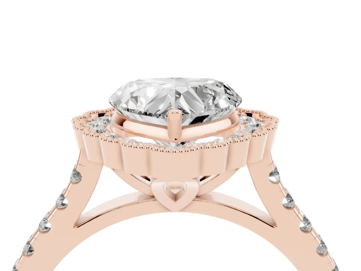 Heart Cut Cut Diamond Milgrain Floral Halo Engagement Ring with Pavé Band Rose gold