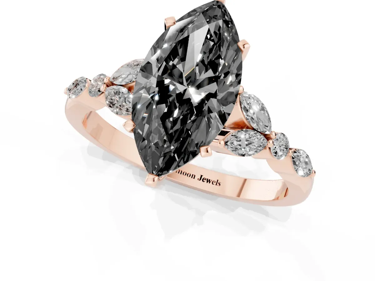 Fancy Black Marquise Cut Diamond Solitaire Ring with Side Stones and Four-Prong Setting Rose gold