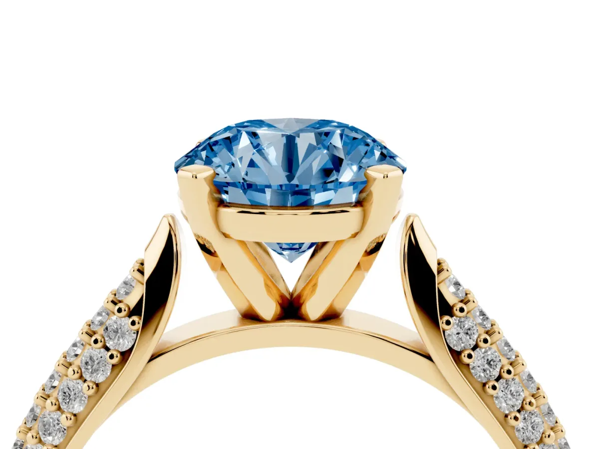 Fancy Blue Round Cut Diamond Solitaire Engagement Ring with Multi-Row Round Pavé Band and Prong Setting Yellow gold