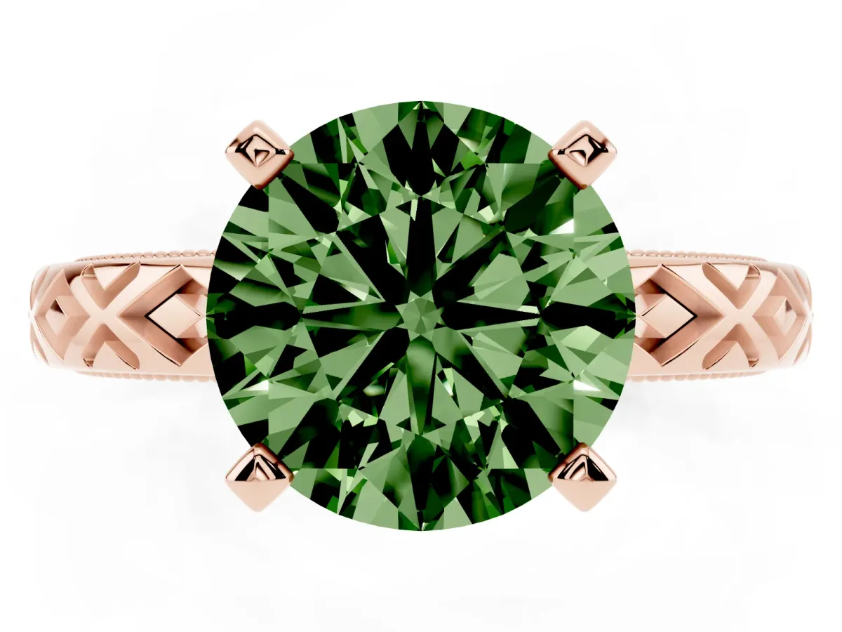 Fancy Green Round Cut Solitaire Diamond Ring with Milgrain and Black Enamel X Pattern Band Rose gold