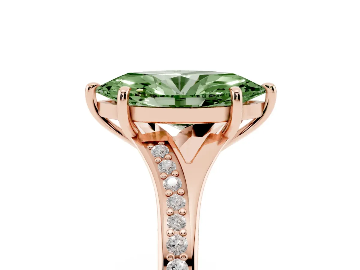 Fancy Green Marquise Cut Diamond Solitaire Ring with Pavé Band and Prong Setting Rose gold