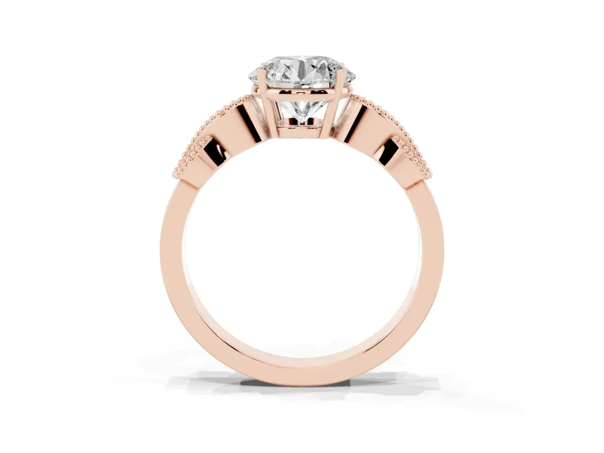 Round Cut Solitaire Milgrain Leaf Band with Prong Setting Rose gold