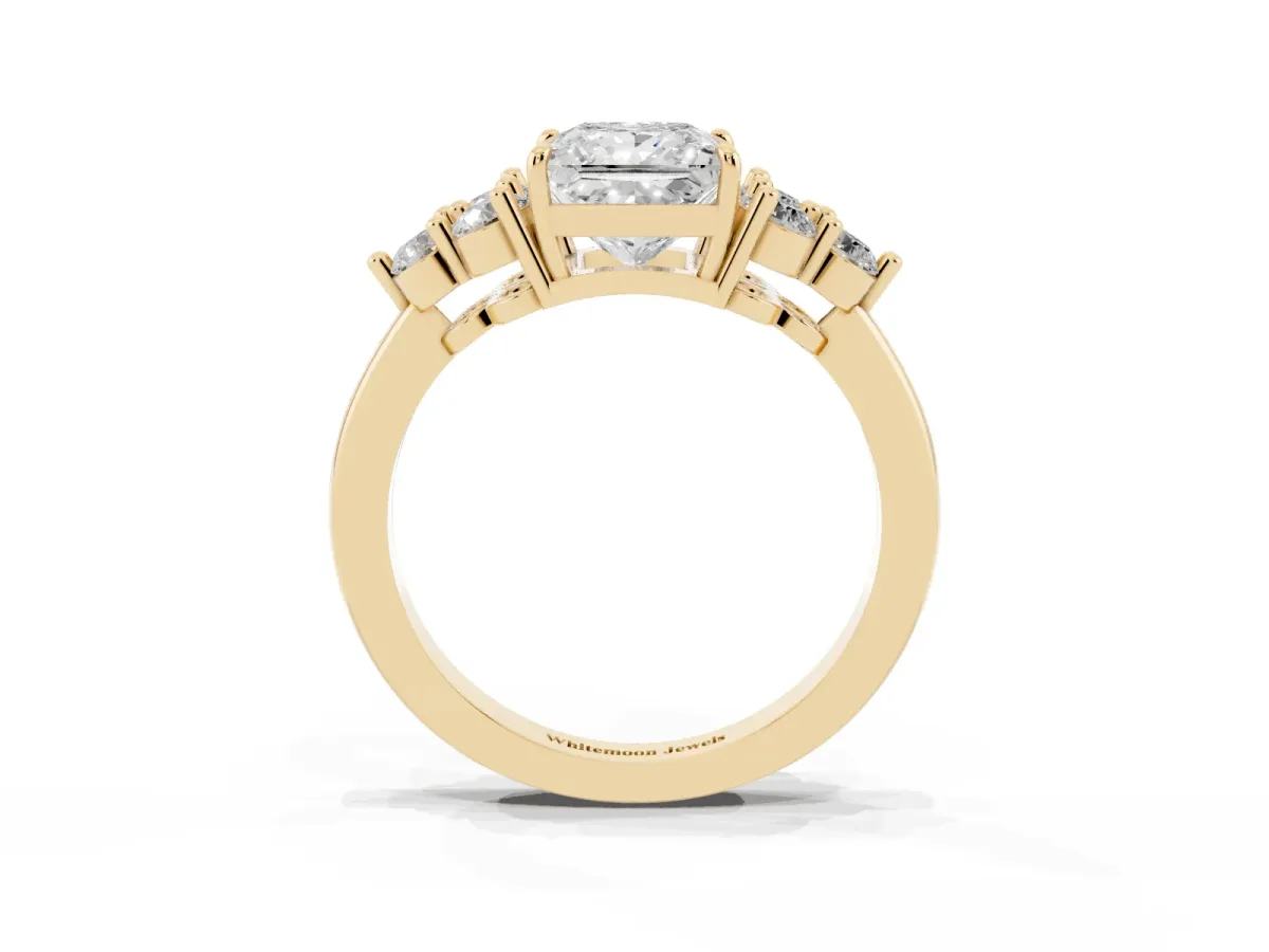 Princess Cut Brilliant Diamond Cluster Accent Solitaire Ring with Prong Setting Yellow gold