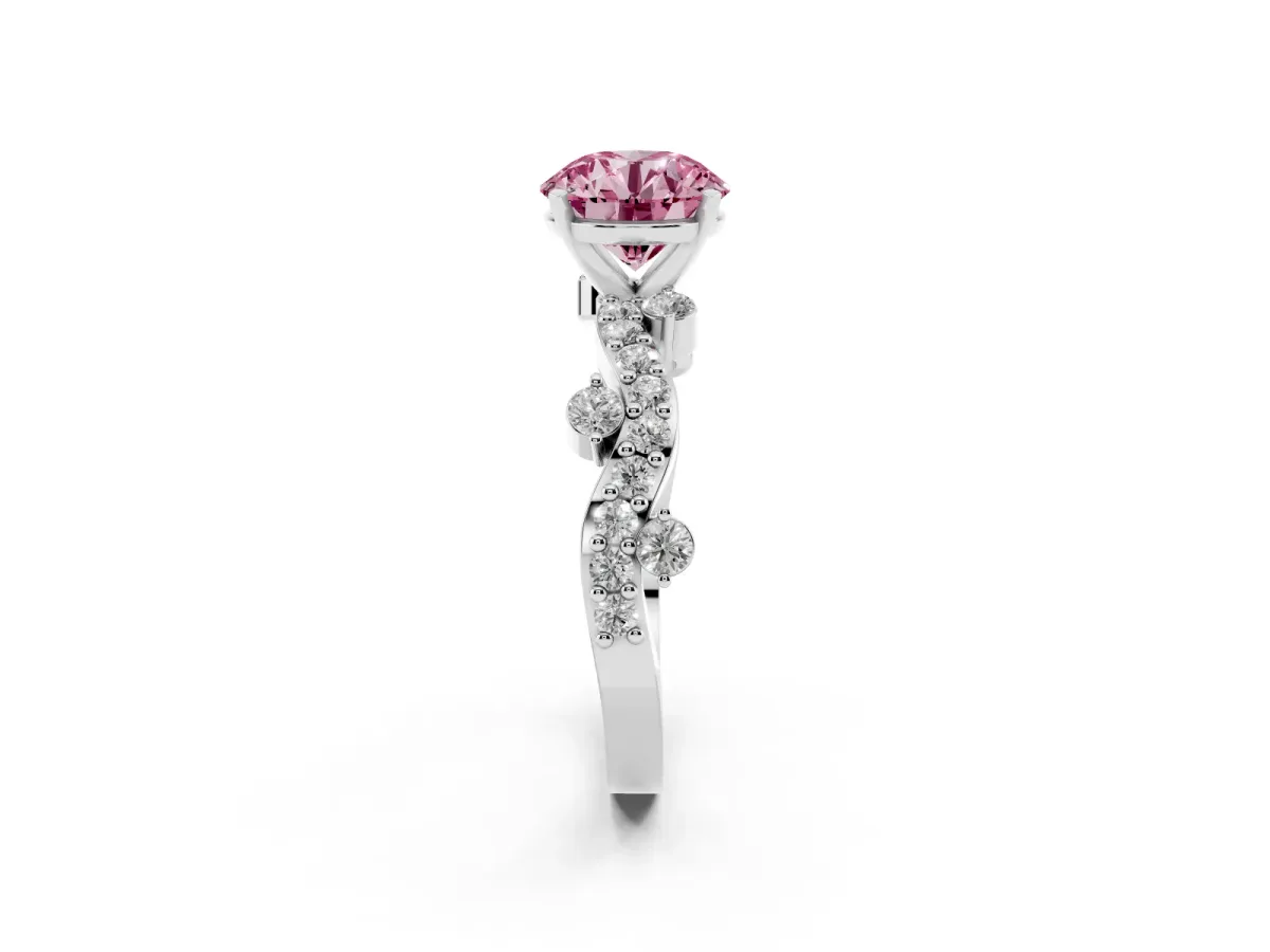 Fancy Pink Round Cut Cut Solitaire Diamond Twisted Band with Pave Setting Silver