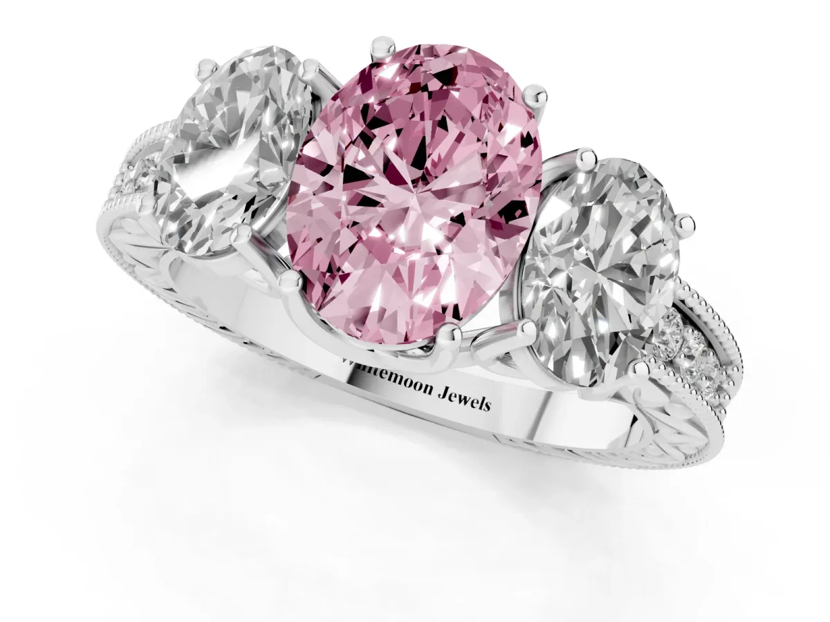 Fancy Pink Three-Stone Oval Cut Cut Milgrain Pavé Engagement Ring Silver