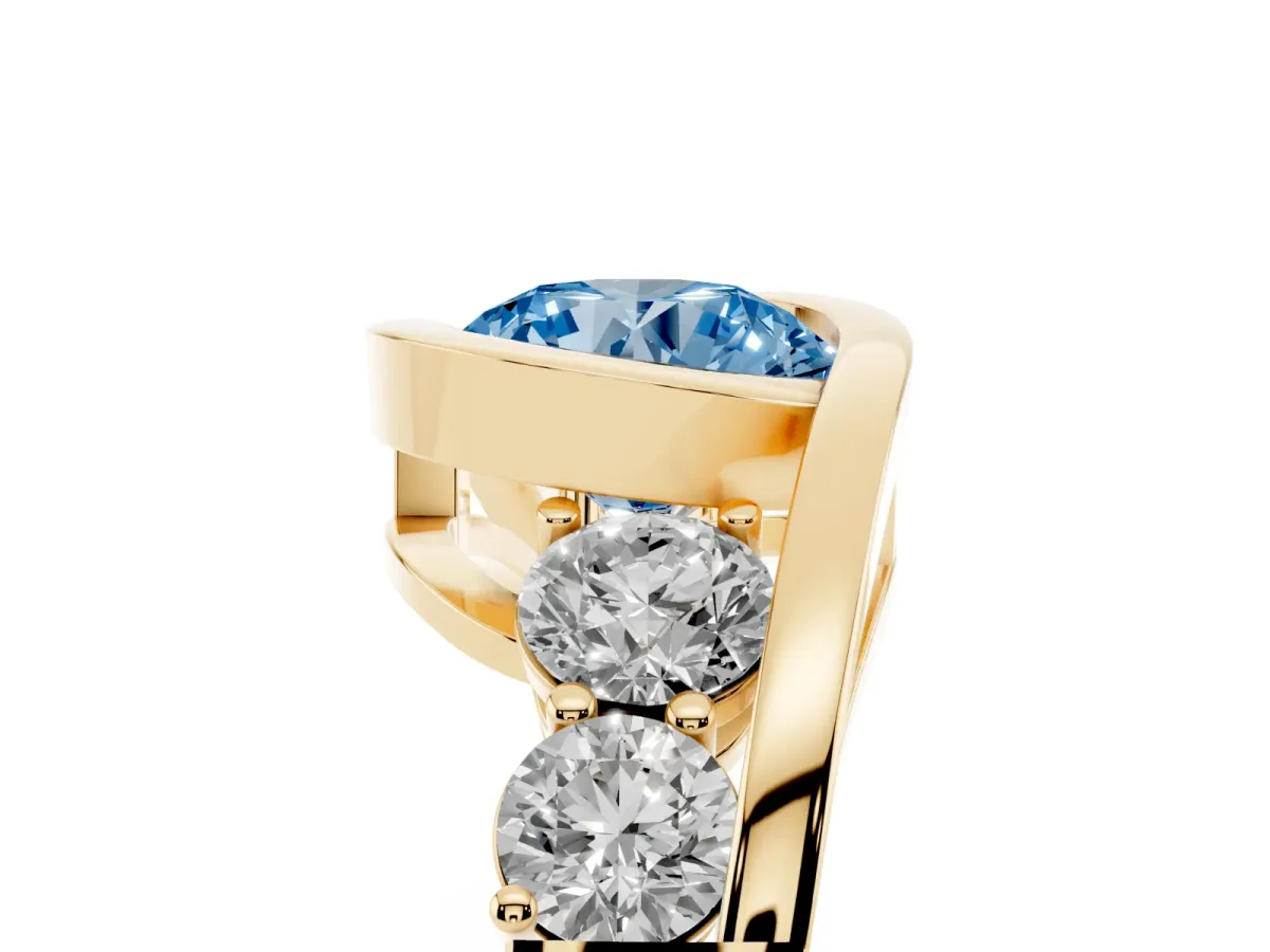 Fancy Blue Bezel Set Round Cut Diamond Bypass Ring with Round Accents Yellow gold