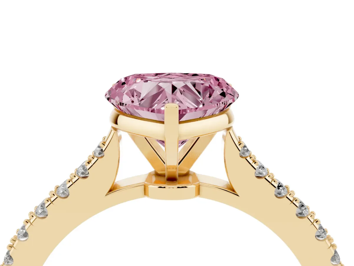 Fancy Pink Heart Cut Cut Solitaire Diamond Engagement Ring with Pave Band and Four-Prong Setting Yellow gold