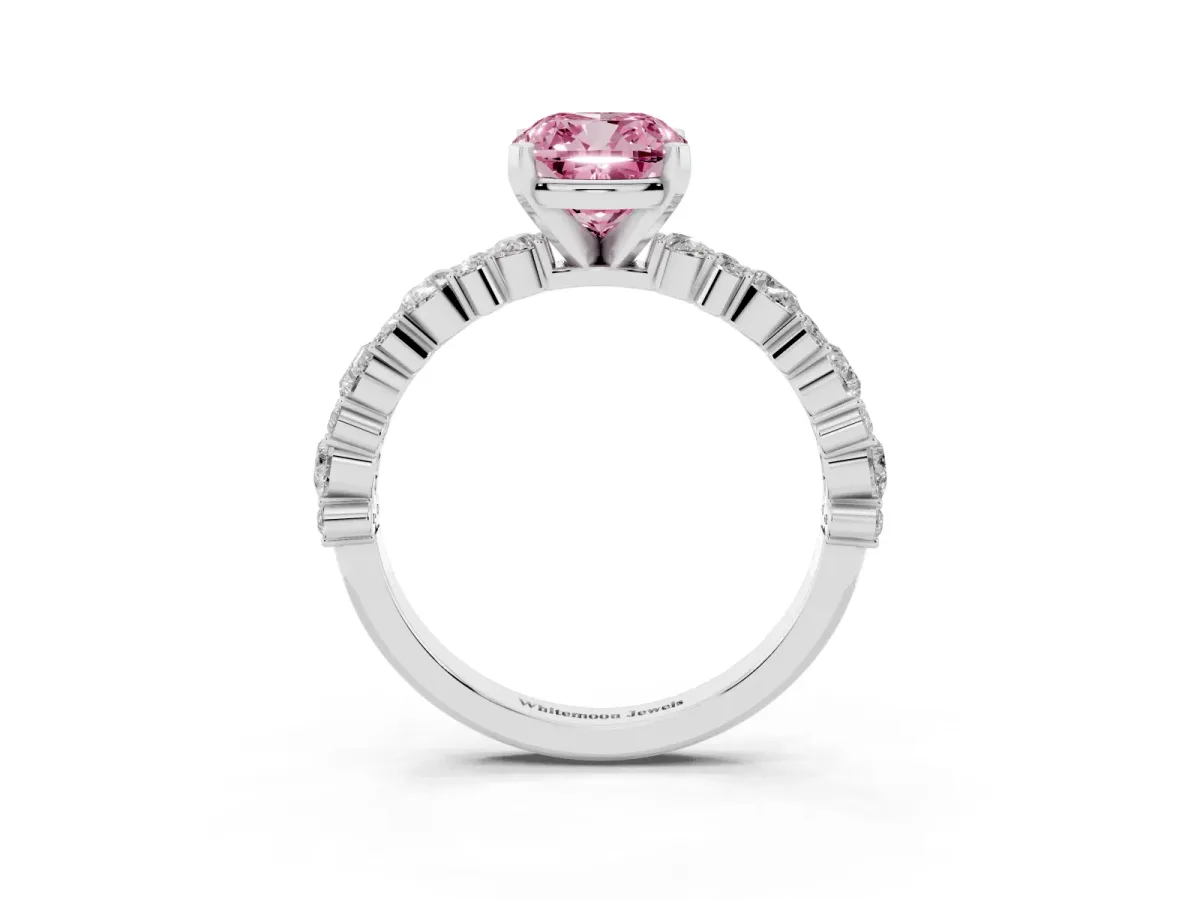 Fancy Pink Cushion Cut Diamond Side Stone Solitaire Ring with Round and Four-Prong Setting Silver