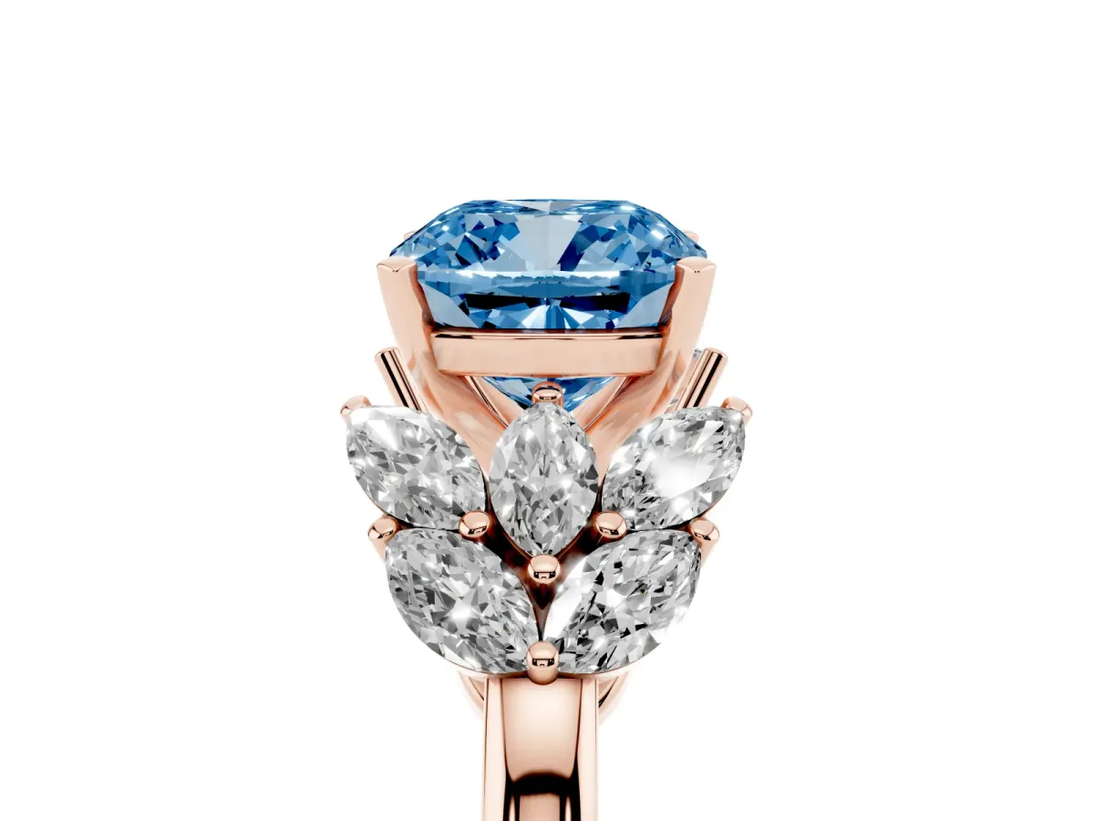 Fancy Blue Cushion Cut Diamond Cluster Leaf Design Ring with Prong Setting Rose gold