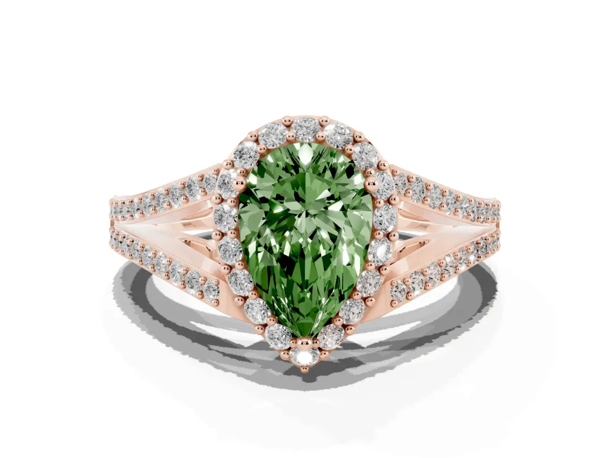 Fancy Green Pear Cut Halo Split Shank Diamond Ring with Prong Setting Rose gold