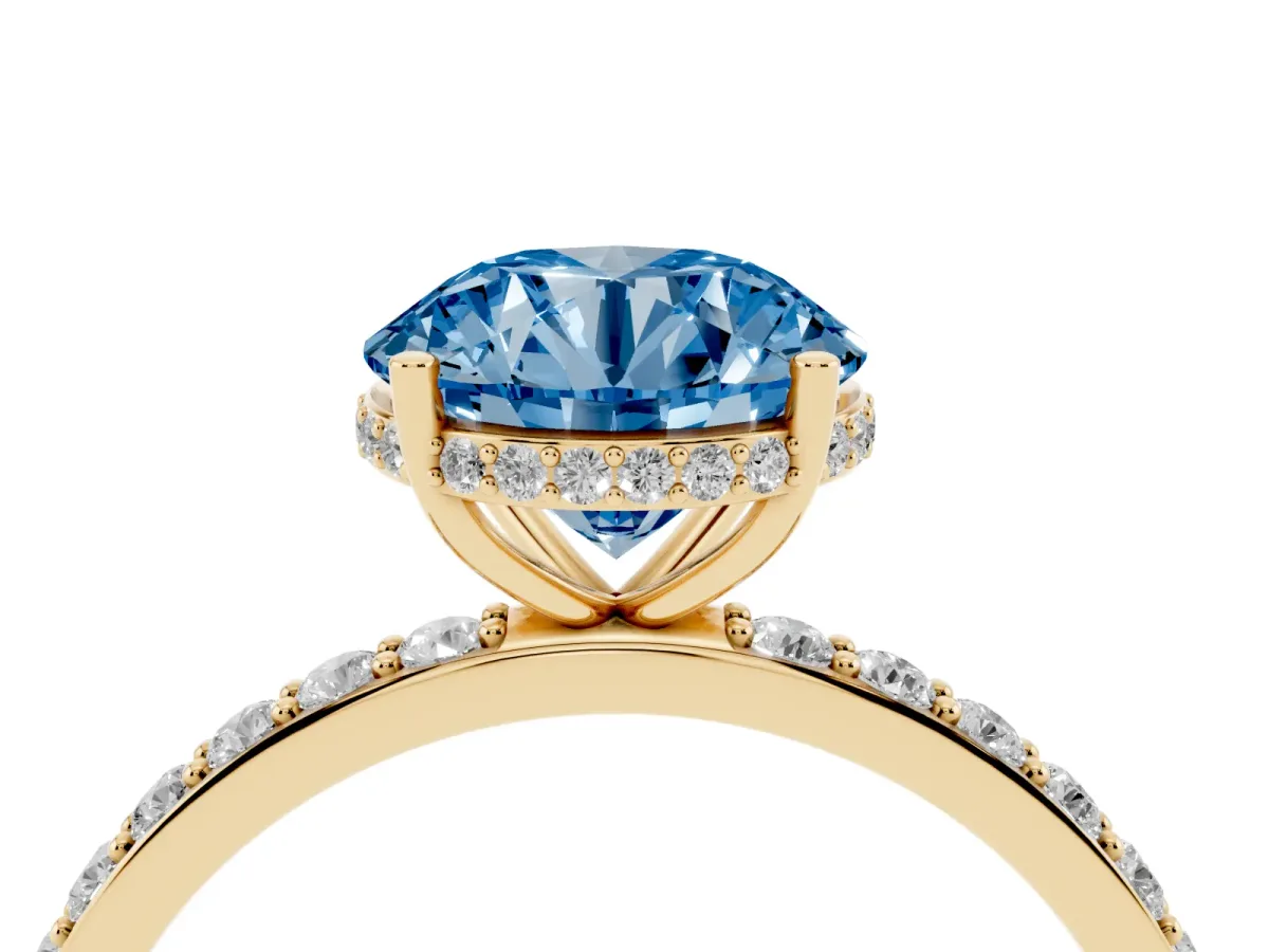 Fancy Blue Round Cut Diamond Solitaire Ring with Pavé Band and Hidden Halo Yellow gold