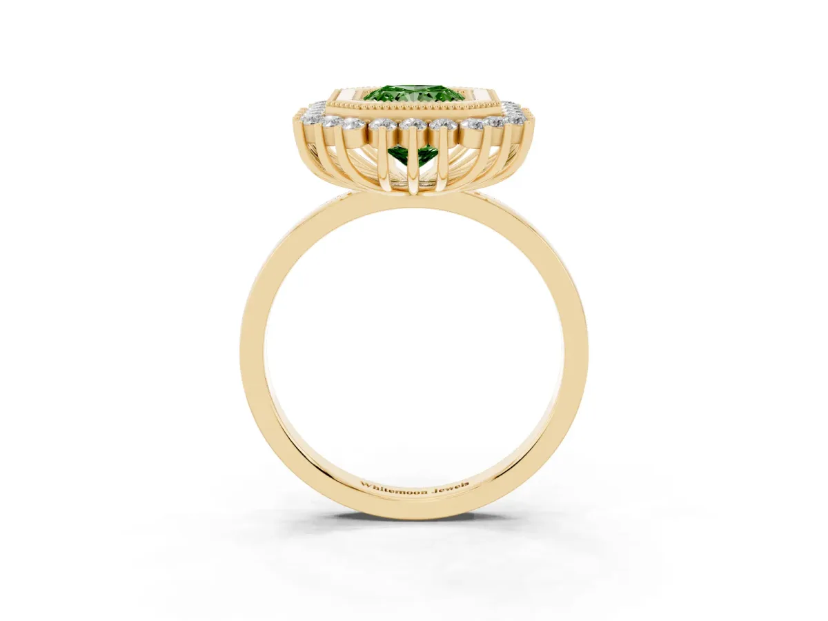 Fancy Green Radiant Cut Halo Diamond Ring with Milgrain Edge and Round Prong Setting Yellow gold