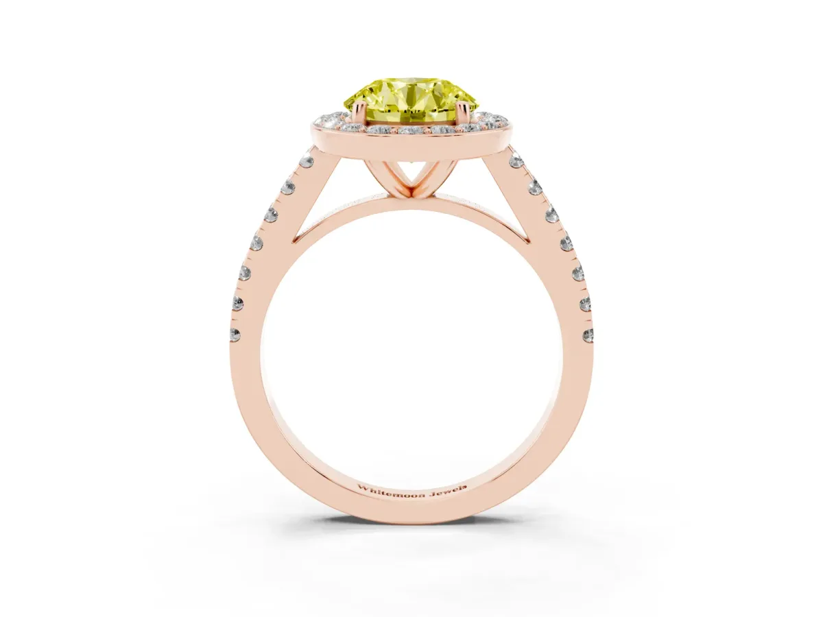 Fancy Yellow Round Cut Diamond Halo Ring with Round Pavé Split Shank and Prong Setting Rose gold