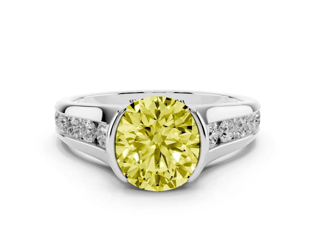 Fancy Yellow Round Cut Solitaire Bezel-Set Diamond Ring with Channel-Set Band Silver