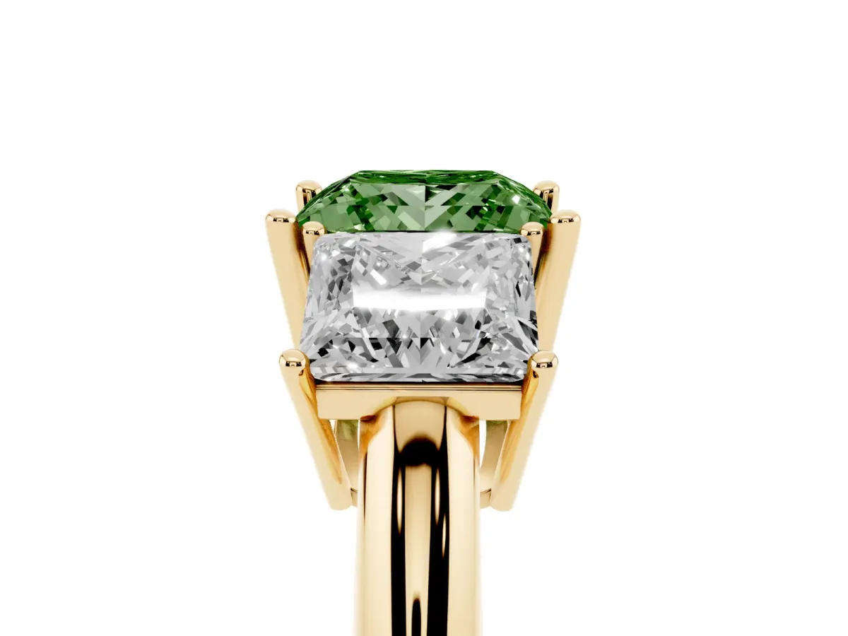 Fancy Green Three-Stone Princess Cut Cut Diamond Engagement Ring with Prong Setting on a White Gold Band Yellow gold