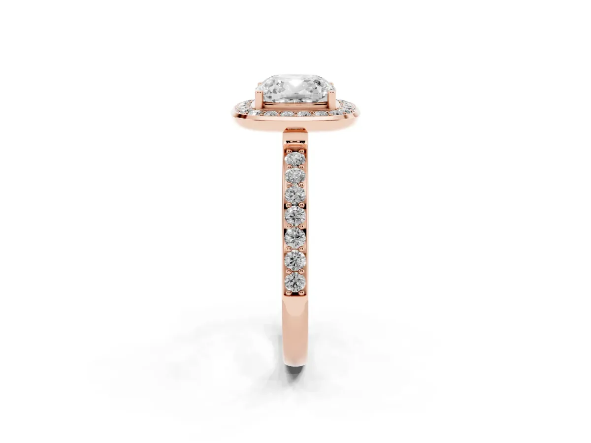 Cushion Cut Diamond Halo Ring with Bezel Frame and Pavé Band Rose gold