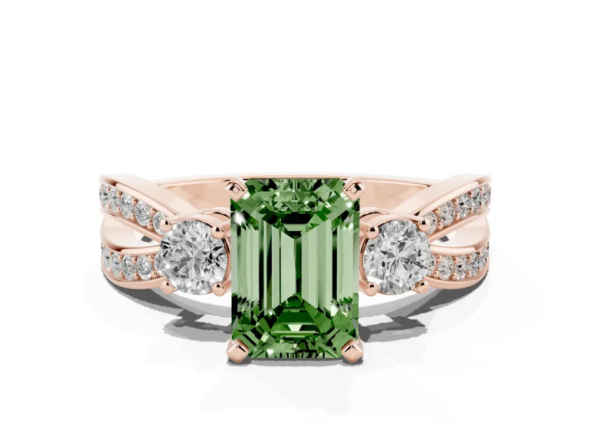 Fancy Green Three-Stone Emerald Cut Cut Diamond Twist Band with Prong Setting Rose gold