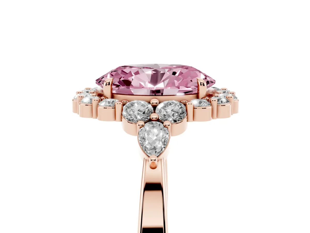 Fancy Pink Oval Cut Diamond Halo Ring with Pear Side Stones and Prong Setting Rose gold