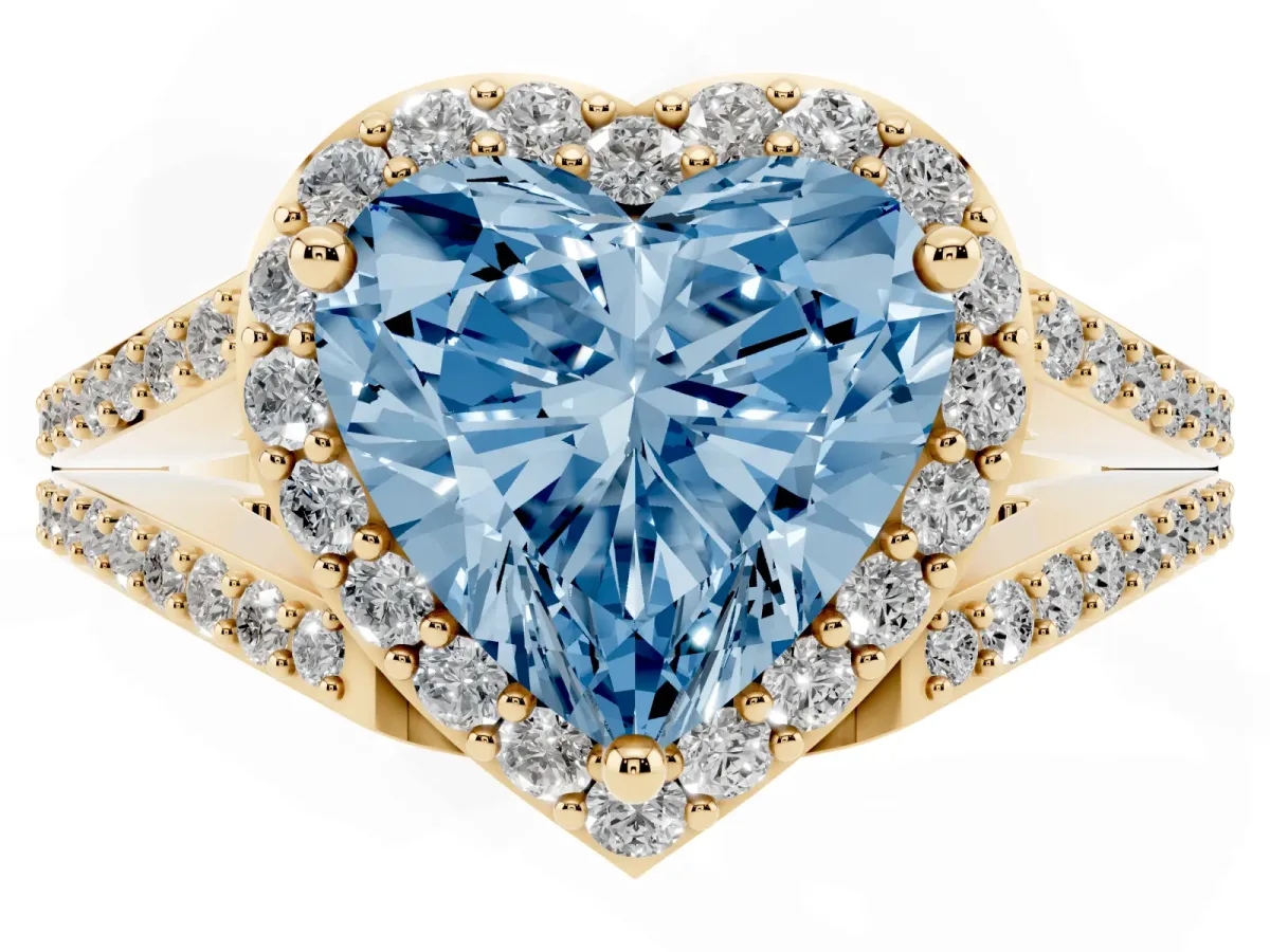 Fancy Blue Heart Cut Halo Split Shank Diamond Ring with Prong Setting Yellow gold