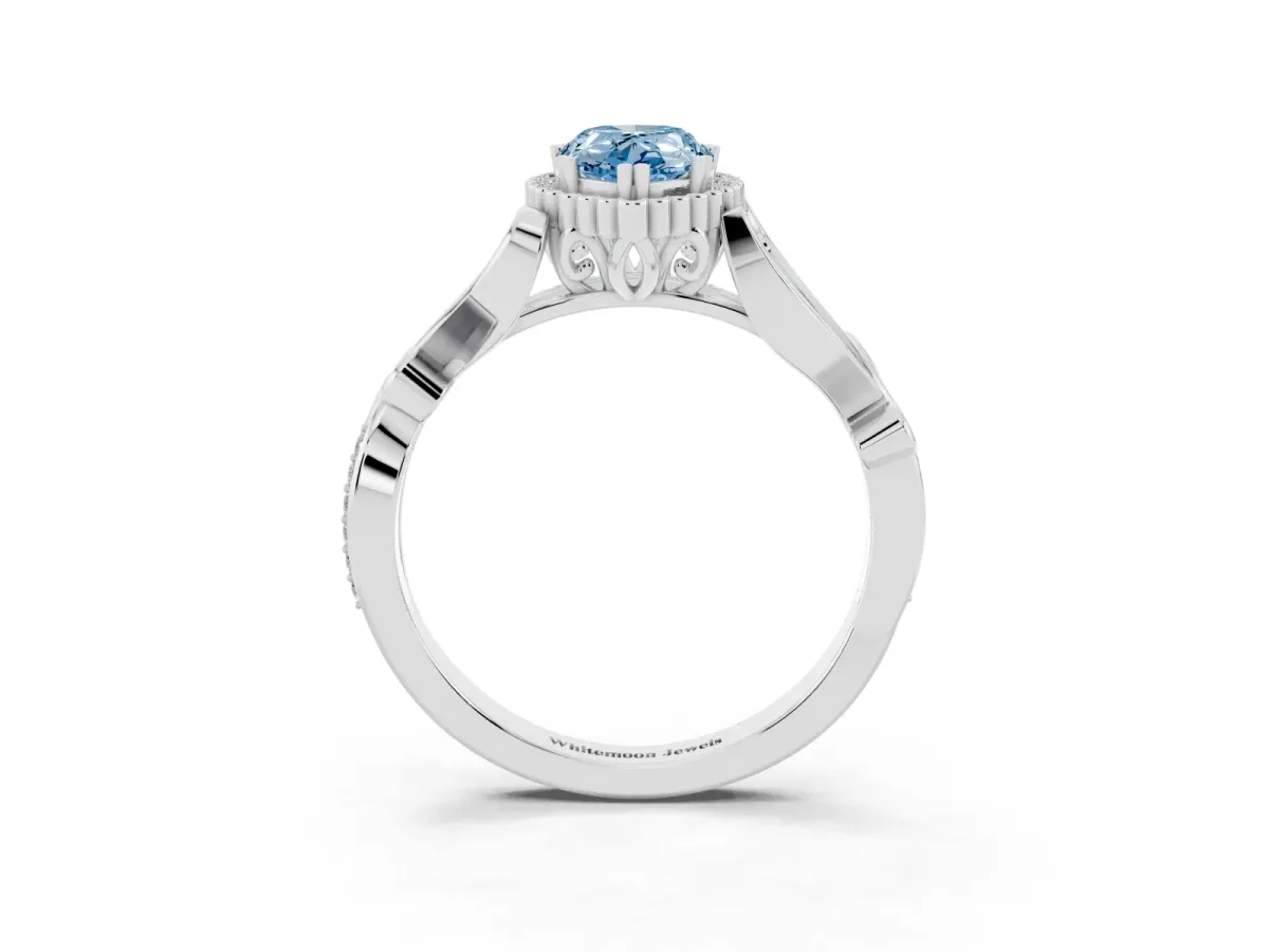 Fancy Blue Pear Cut Diamond Halo Ring with Vintage Split Shank and Four-Prong Setting Silver