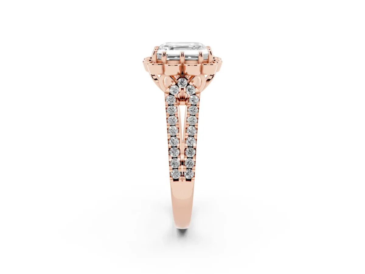 Asscher Cut Halo Diamond Floral Split Shank Engagement Ring Rose gold