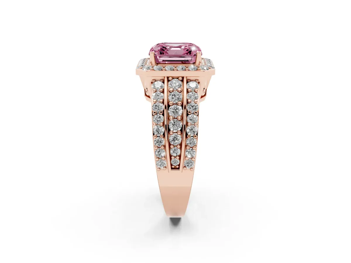 Fancy Pink Asscher Cut Halo Diamond Ring with Round Split Shank and Prong Setting Rose gold