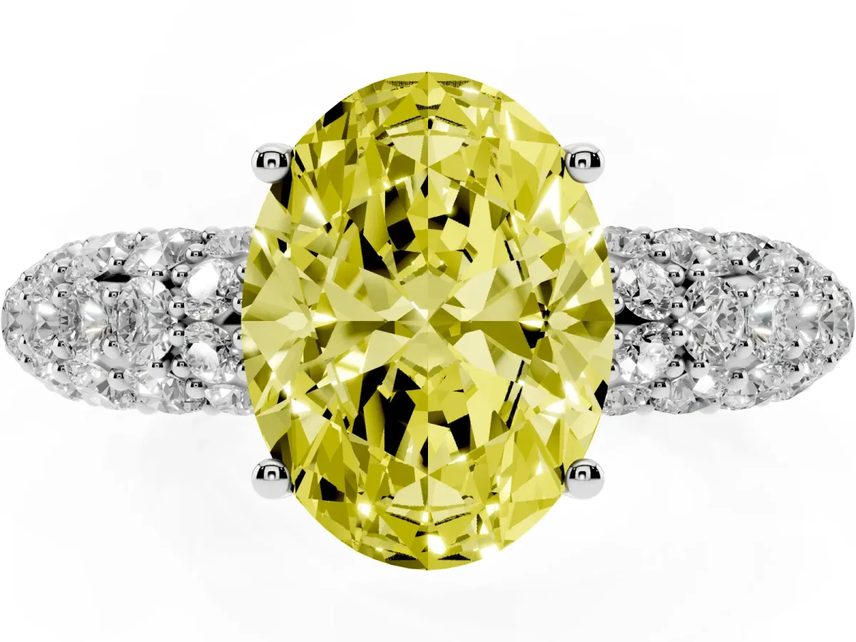 Fancy Yellow Oval Cut Diamond Pavé Band Solitaire Ring with Four-Prong Setting Platinum