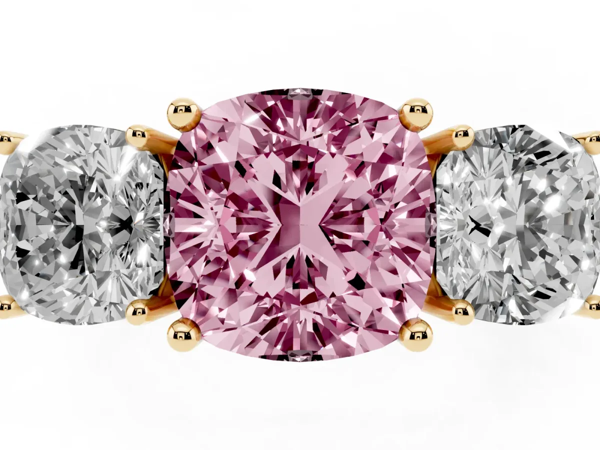 Fancy Pink Three-Stone Cushion Cut Cut Diamond Engagement Ring with Prong Setting on a White Gold Band Yellow gold