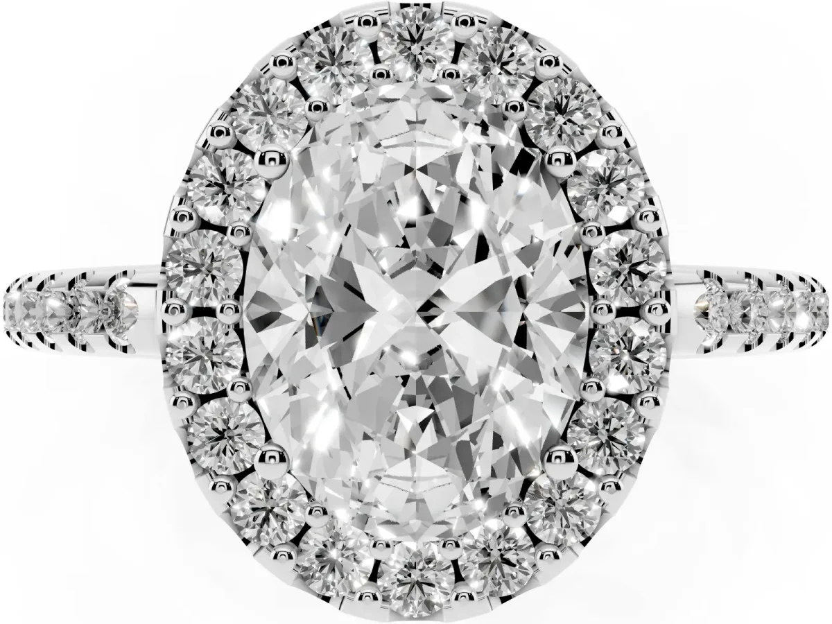 Oval Cut Diamond Pavé Halo Ring with Four-Prong Setting Platinum