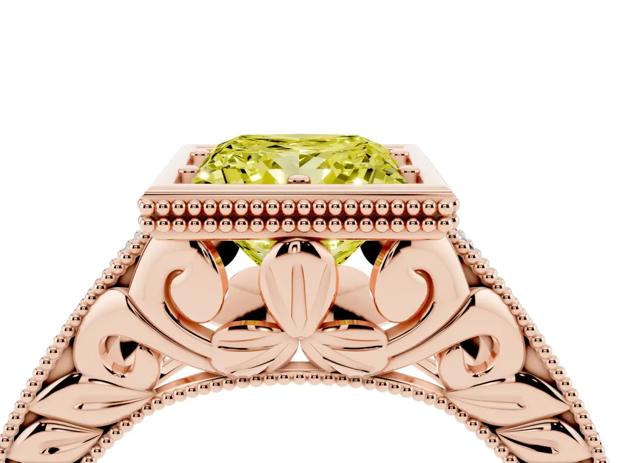 Fancy Yellow Bezel Set Princess Cut Diamond Milgrain Pave Engagement Ring Rose gold