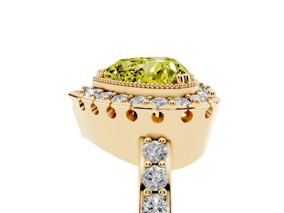 Fancy Yellow Heart Cut Diamond Halo Ring with Pavé Band and Prong Setting Yellow gold