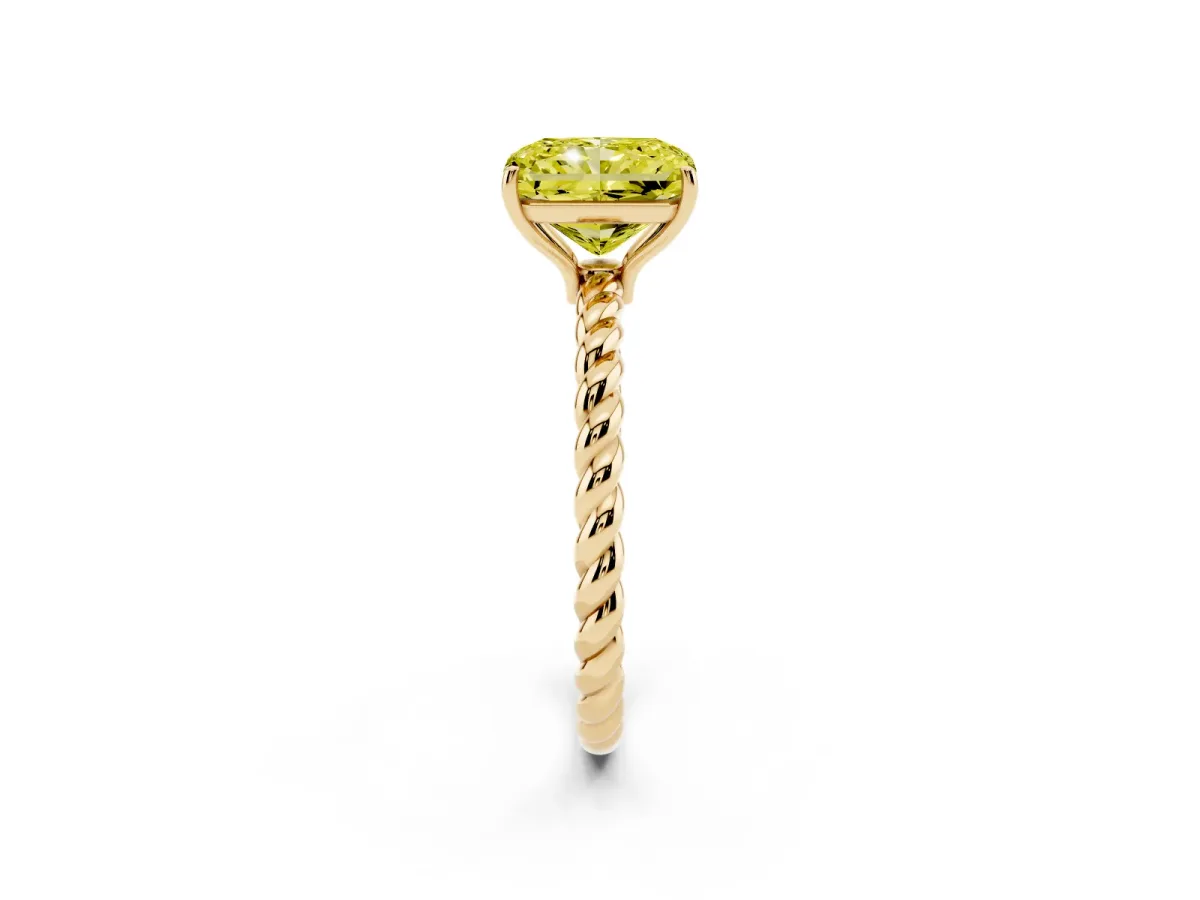 Fancy Yellow Radiant Cut Solitaire Twist Band Ring with Four-Prong Setting Yellow gold