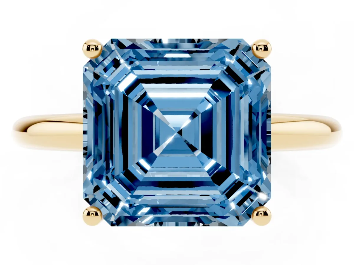 Fancy Blue Asscher Cut Cut Solitaire Engagement Ring with Four-Prong Setting and Classic Band Yellow gold