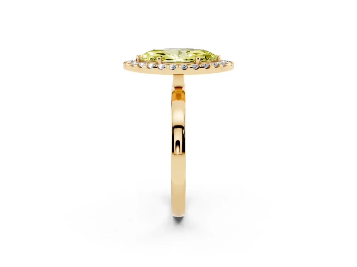 Fancy Yellow Marquise Cut Halo Diamond Solitaire with Pavé Band and Four-Prong Setting Yellow gold