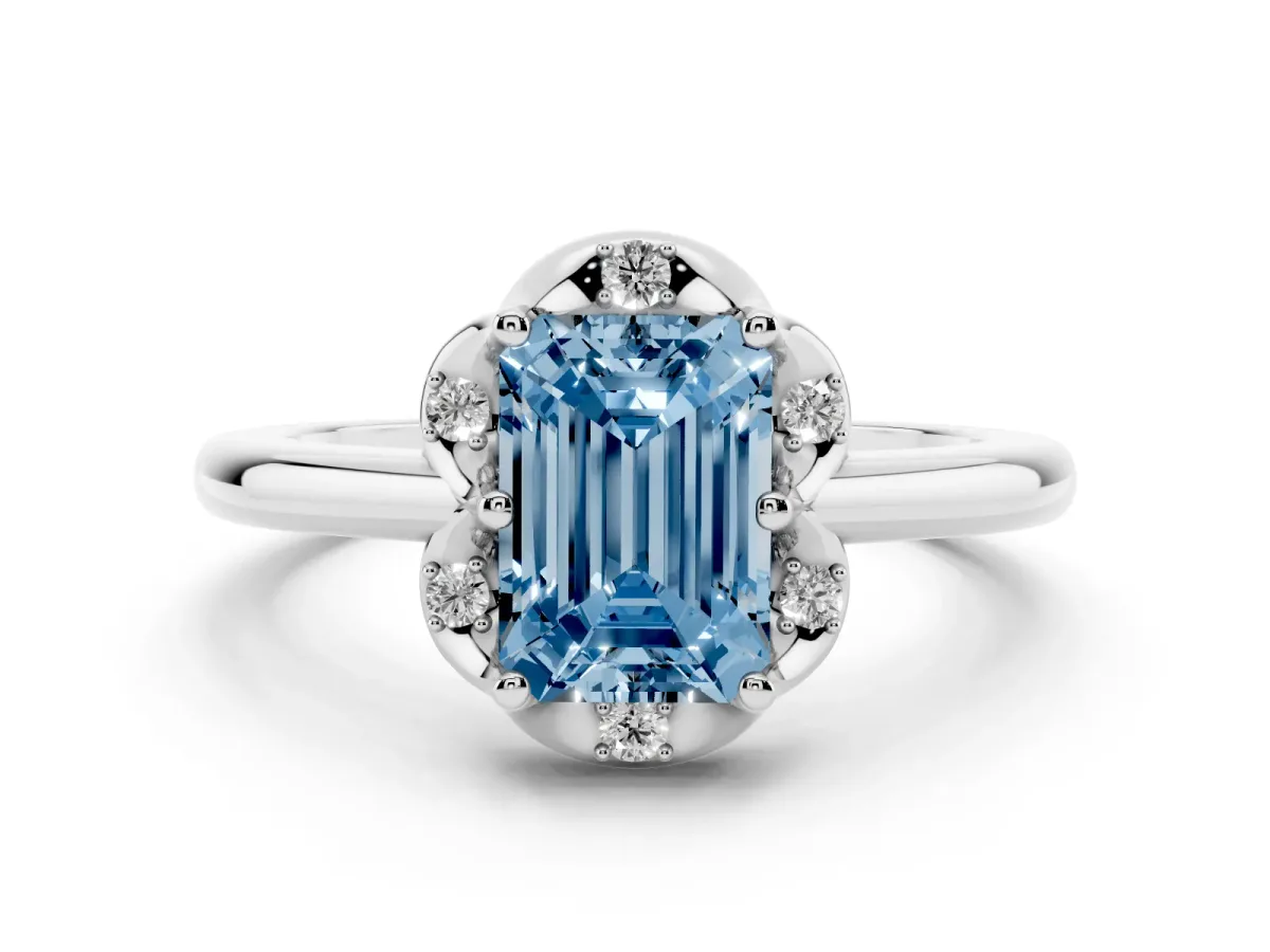 Fancy Blue Emerald Cut Halo Diamond Ring with Round Cluster Setting, Solitaire Band, and Four-Prong Setting Silver