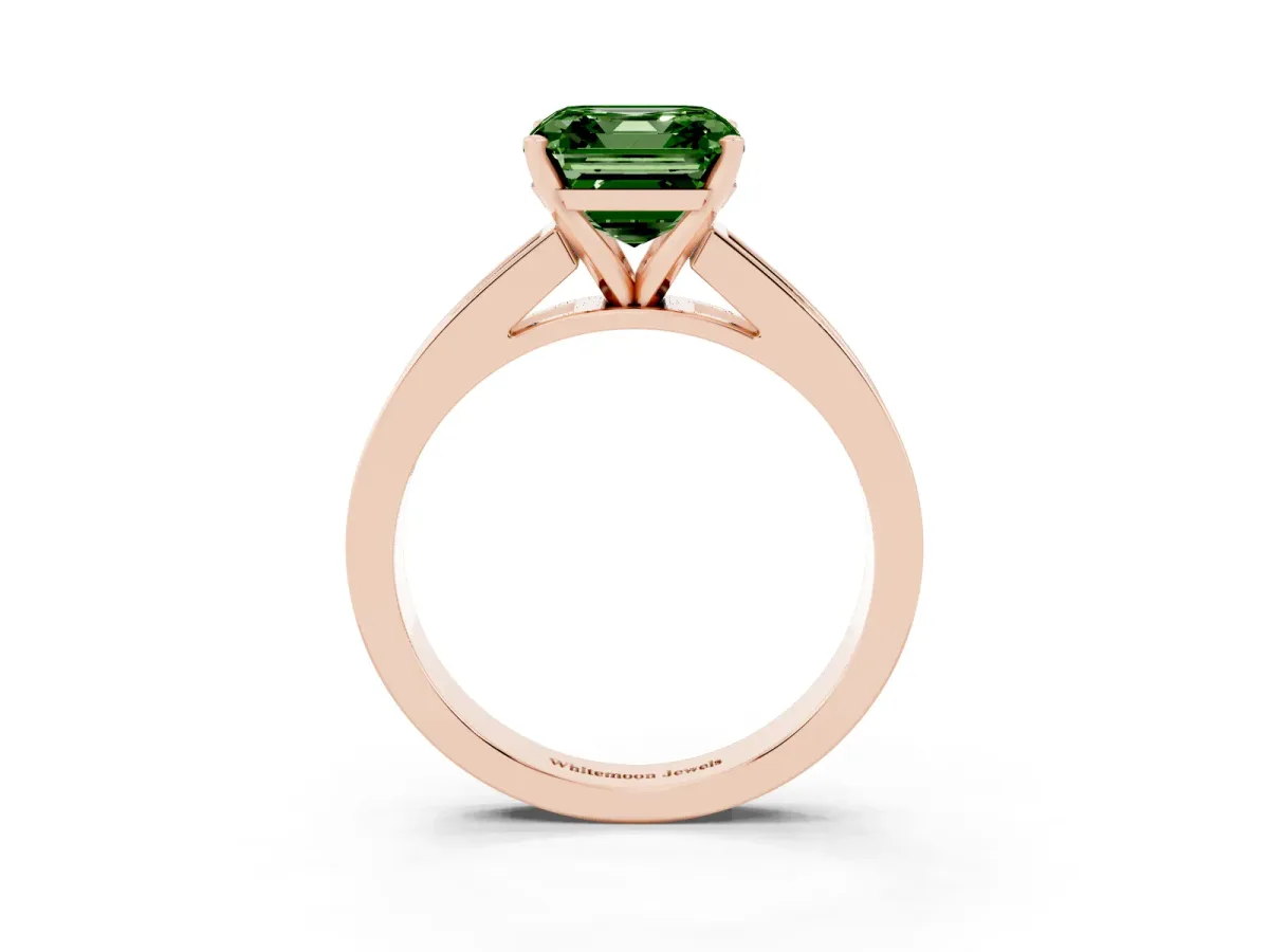 Fancy Green Asscher Cut Solitaire Diamond Ring with Channel-Set Band and Four-Prong Setting Rose gold