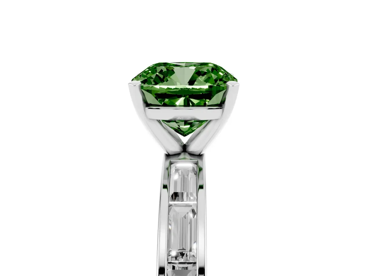 Fancy Green Cushion Cut Solitaire Diamond Ring with Channel-Set Baguette Band and Four-Prong Setting Silver
