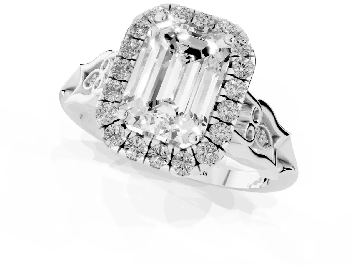 Emerald Cut Halo Diamond Engagement Ring with Filigree Band and Four-Prong Setting Platinum