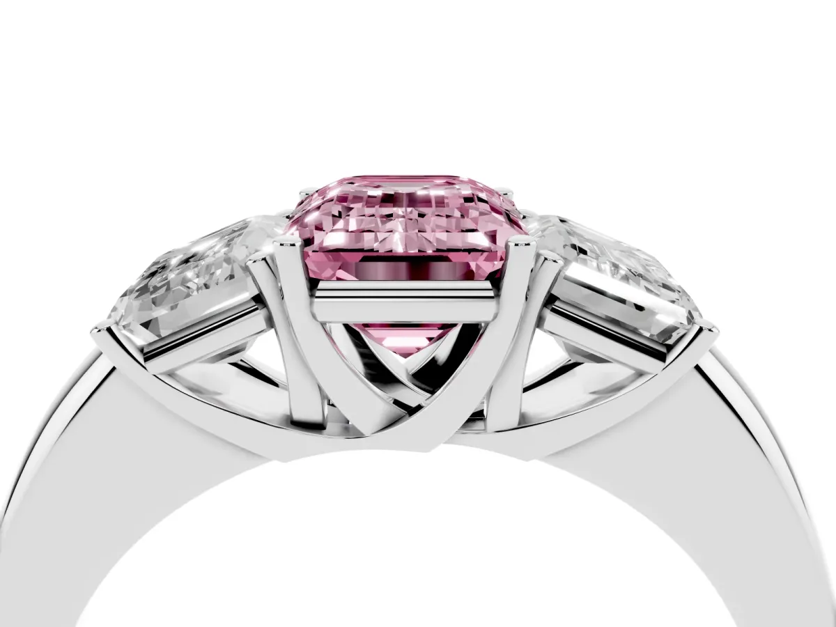 Fancy Pink Emerald Cut Diamond Three-Stone Ring with Four-Prong Setting and Classic Band Silver