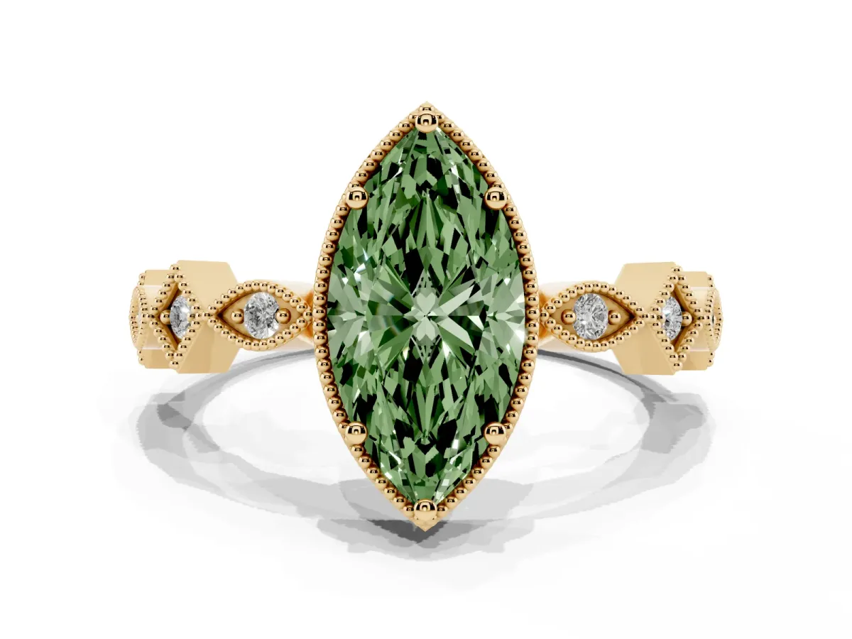 Fancy Green Marquise Cut Milgrain Marquise Diamond Twist Band Ring Yellow gold