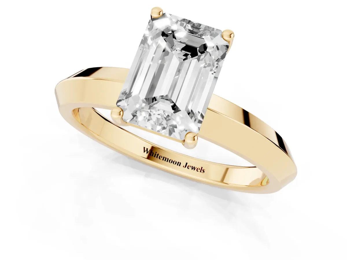 Emerald Cut Cut Solitaire Engagement Ring with Flat Band and Four-Prong Setting Yellow gold