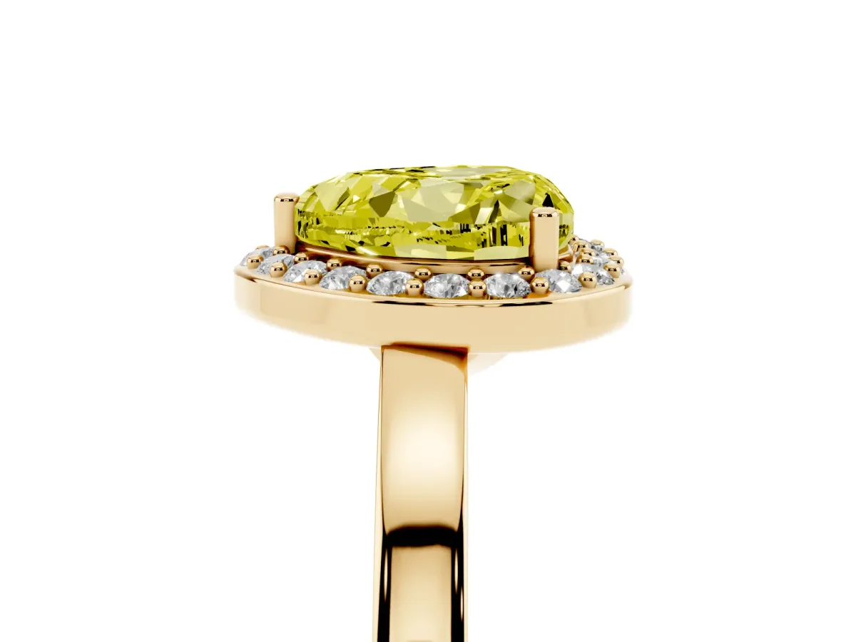 Fancy Yellow Heart Cut Halo Diamond Ring with Solitaire Band and Prong Setting Yellow gold