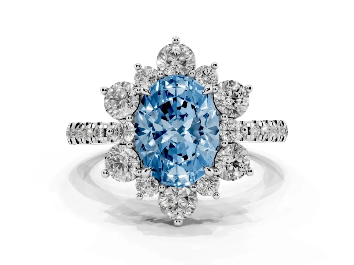 Fancy Blue Oval Cut Diamond Floral Halo Ring with Round Pavé Band and Prong Setting White gold