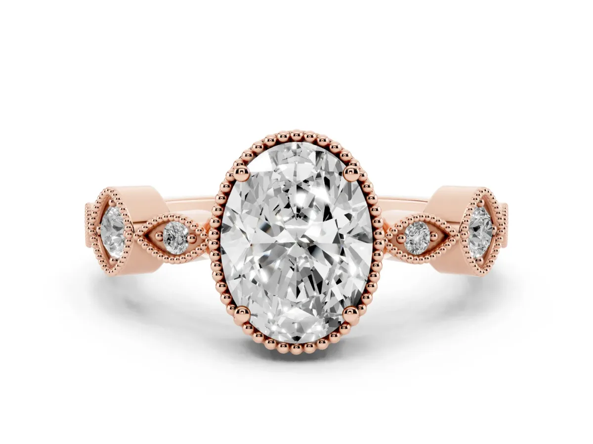 Oval Cut Diamond Vintage Milgrain Ring with Round Stations Rose gold