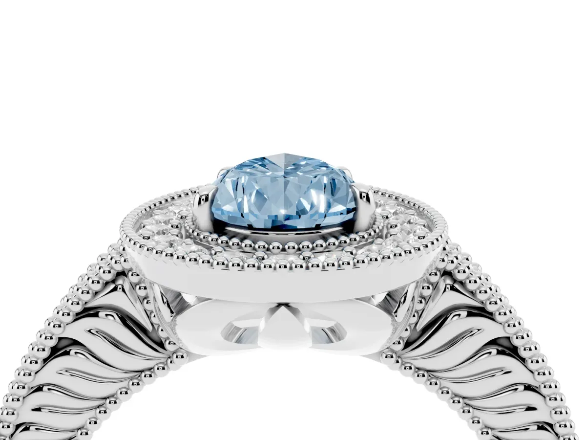 Fancy Blue Pear Cut Cut Halo Diamond Ring with Pavé Band and Four-Prong Setting Platinum