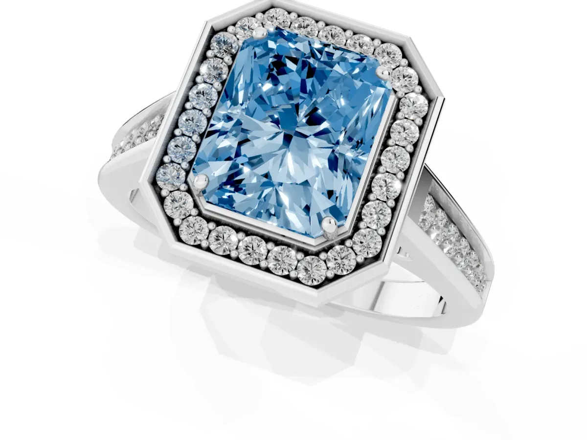 Fancy Blue Radiant Cut Halo Solitaire Diamond Ring with Pave Band and Bezel Setting White gold
