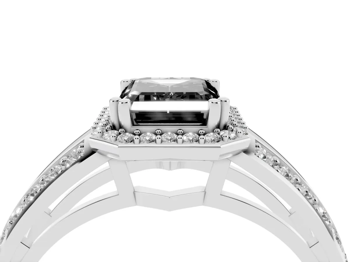 Fancy Black Emerald Cut Diamond Halo Ring with Split Shank Pavé Band and Four-Prong Setting White gold