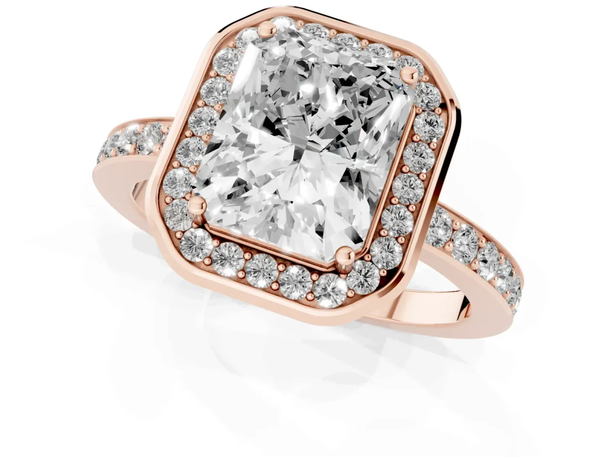 Radiant Cut Diamond Halo Ring with Bezel Frame and Pavé Band Rose gold
