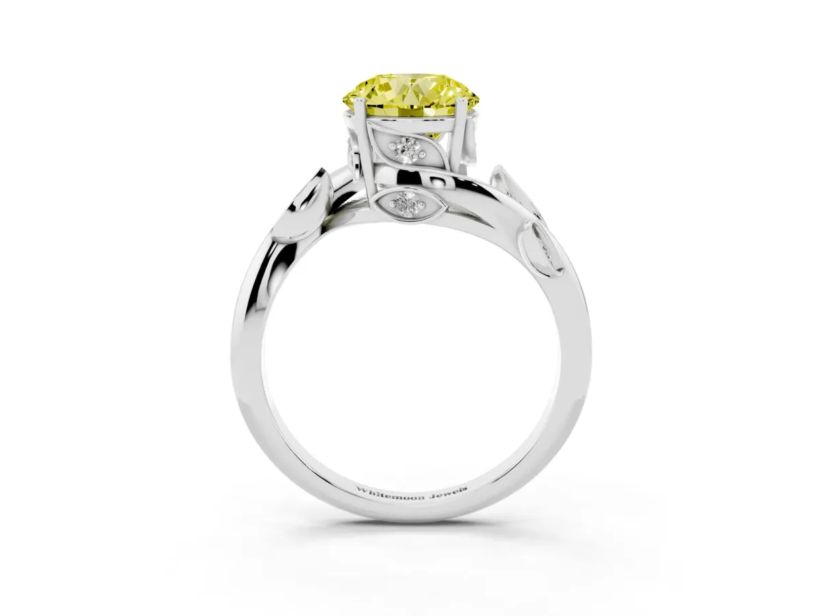 Fancy Yellow Round Cut Solitaire Twist Engagement Ring with Leaf Accents and Prong Setting Silver